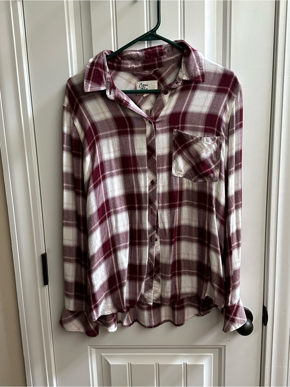 Cosmic Blue Cozy Plaid Button-Up Shirt in Burgundy and Cream size M